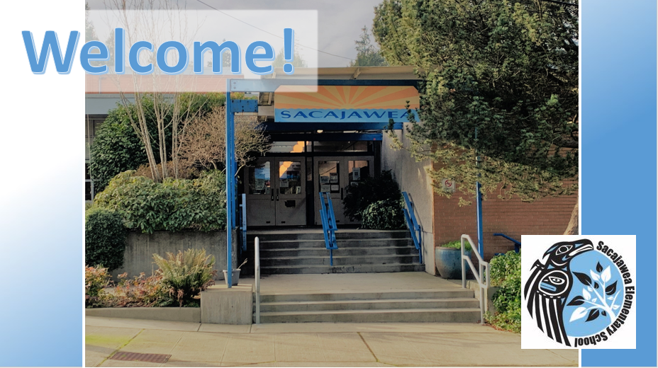 front of school Welcome and the school logo